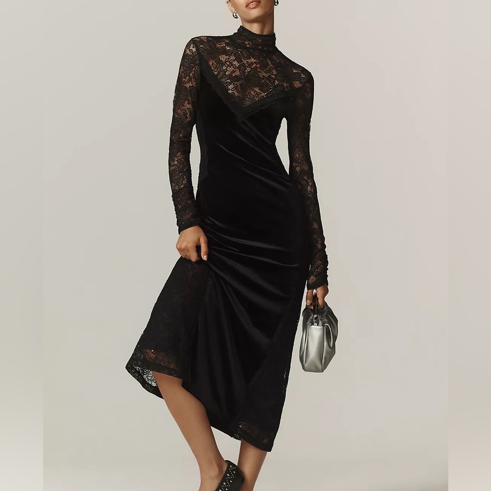 Anthropologie Long-Sleeve Mock-Neck Lace Velvet Slip Midi Dress Black Size S